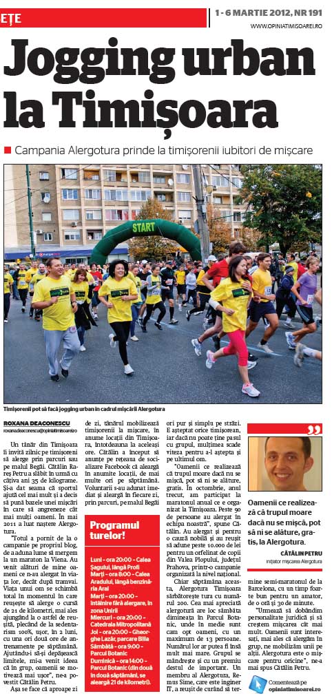 OpiniaTimisoarei.ro - Jogging urban la Timisoara. Campania Alergotura prinde la timisorenii iubitori de miscare